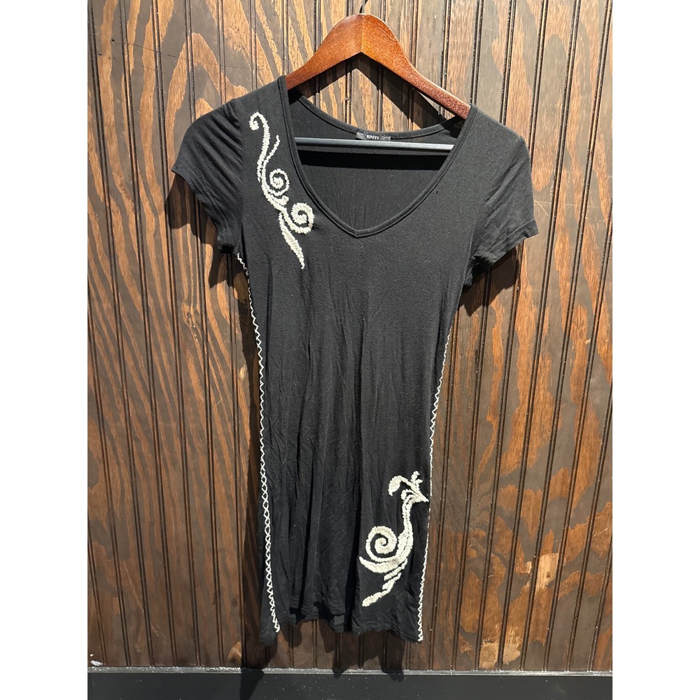 ENTI Womens Black Embroidered V-Neck Mini Dress Tunic Short Sleeve Slim Fit
